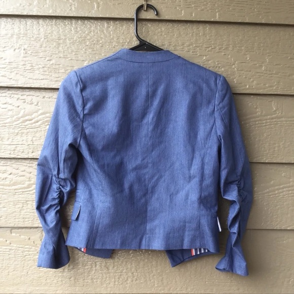 NWT! ESLEY Blue Cotton Blend Ruched Sleeve Open Cut Blazer Jacket - Small - Picture 14 of 16